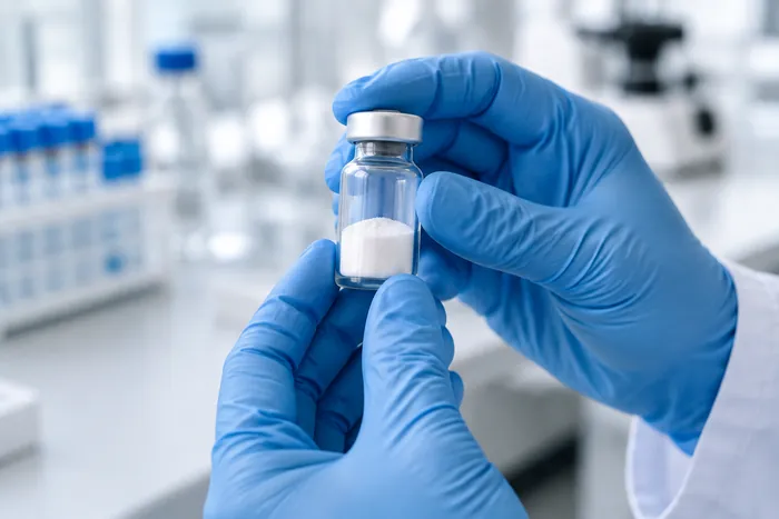 Vial mit Lyophilisat in Laborhandschuhen